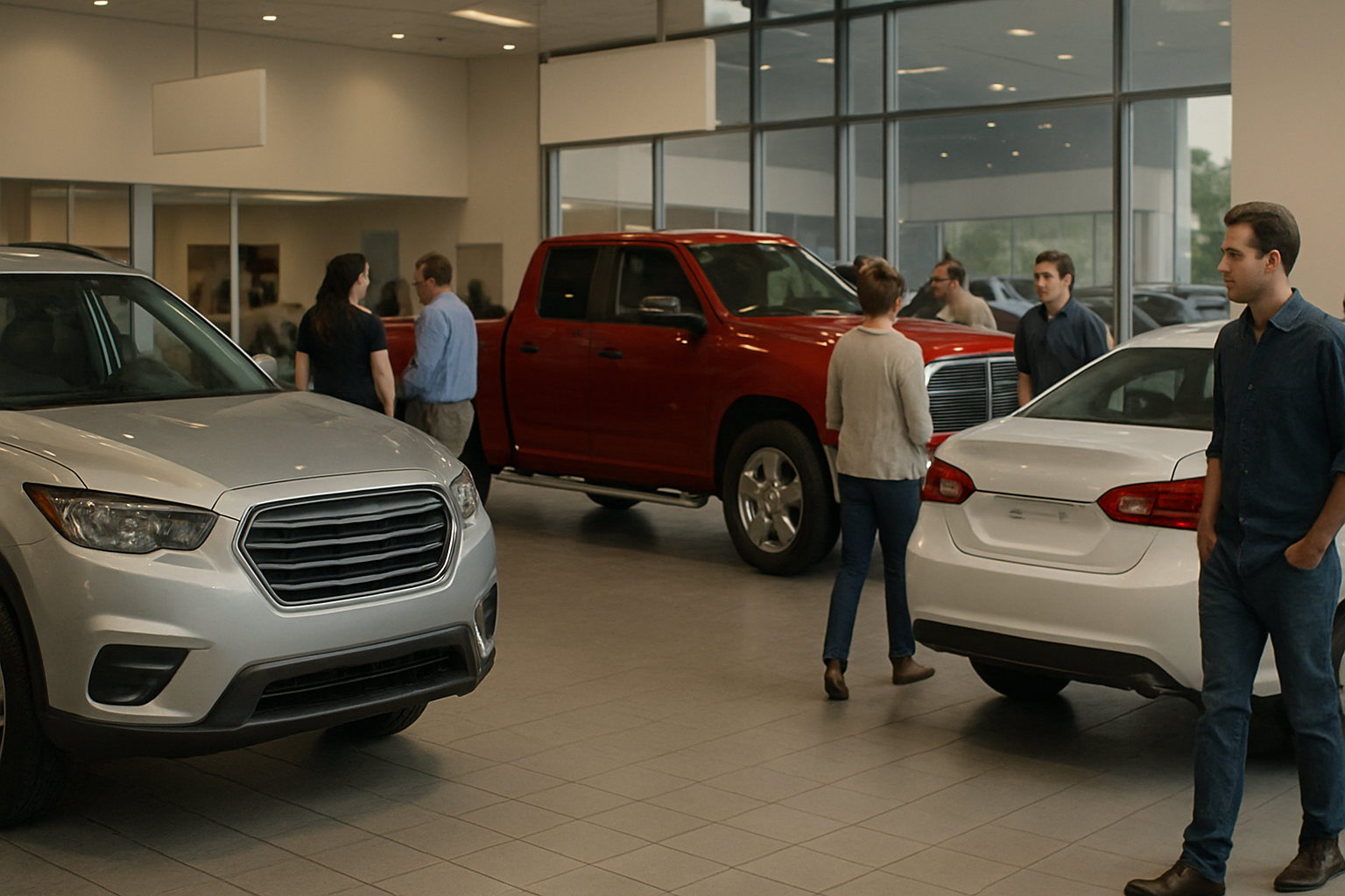 People standing and talking among silver, red, and white cars in a bright, modern showroom with large windows and tiled floors