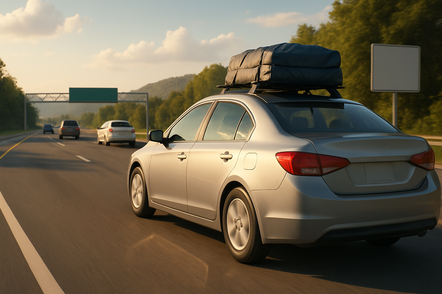 Silver sedan with a packed roof bag drives down a sunlit highway lined with green trees and distant hills