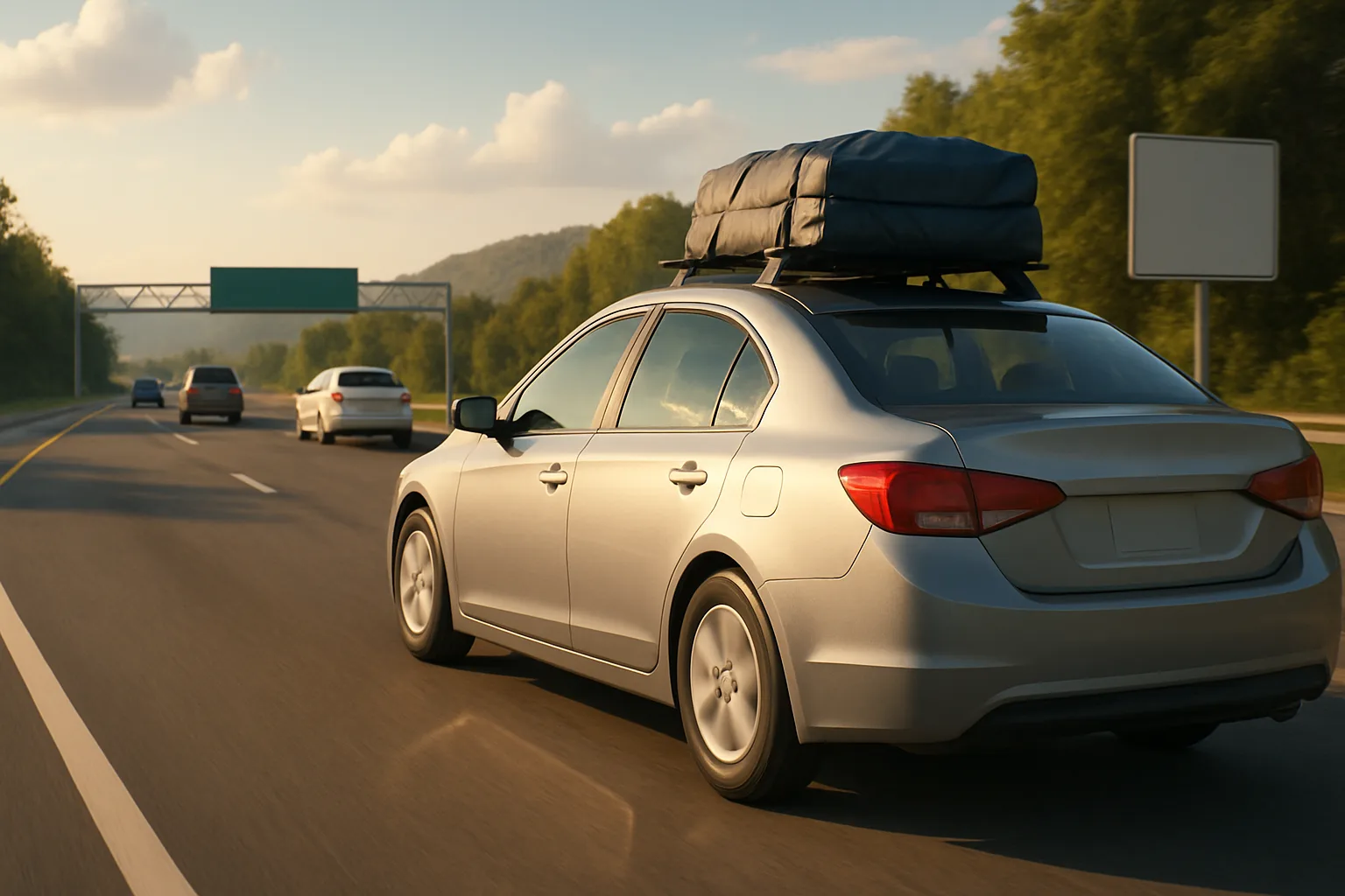 Silver sedan with a packed roof bag drives down a sunlit highway lined with green trees and distant hills
