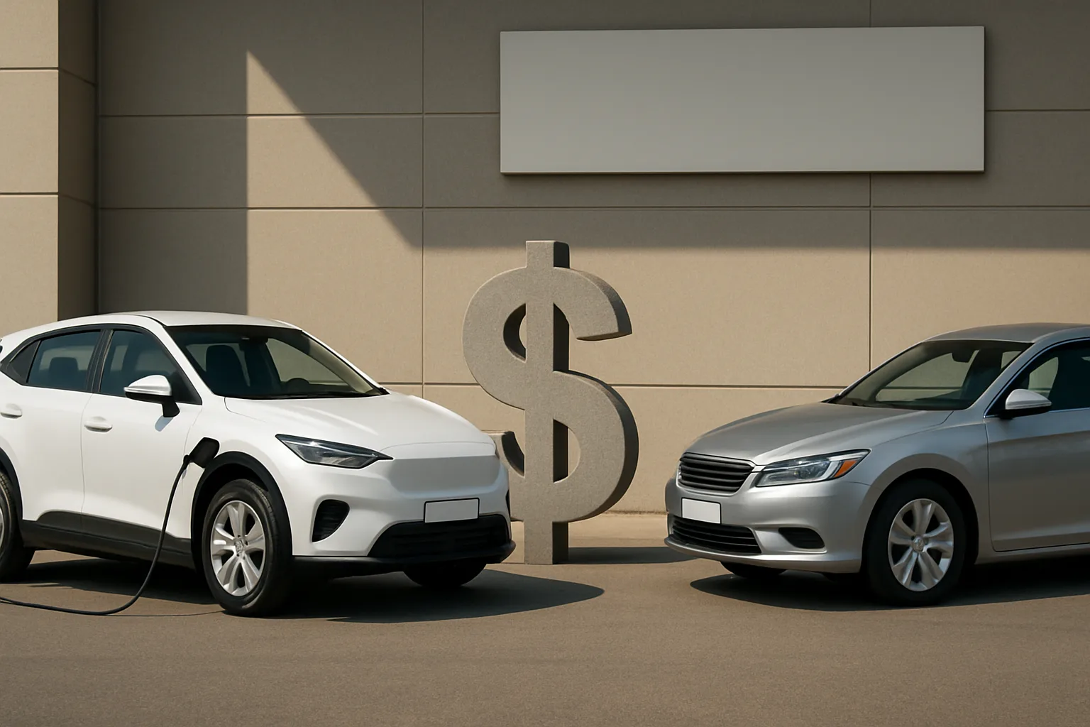 Two modern cars, one plugged into a charging station, face each other beside a large concrete dollar sign in bright daylight