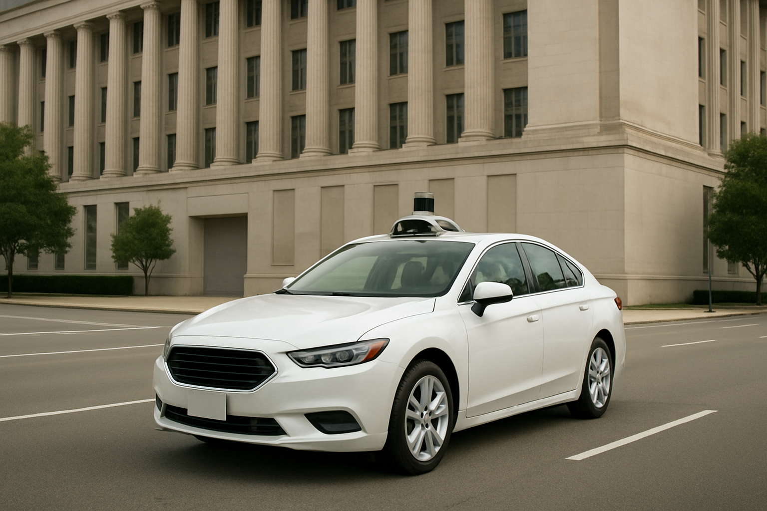 A white sedan with a rooftop sensor rig is parked on a wide street in front of a beige government building