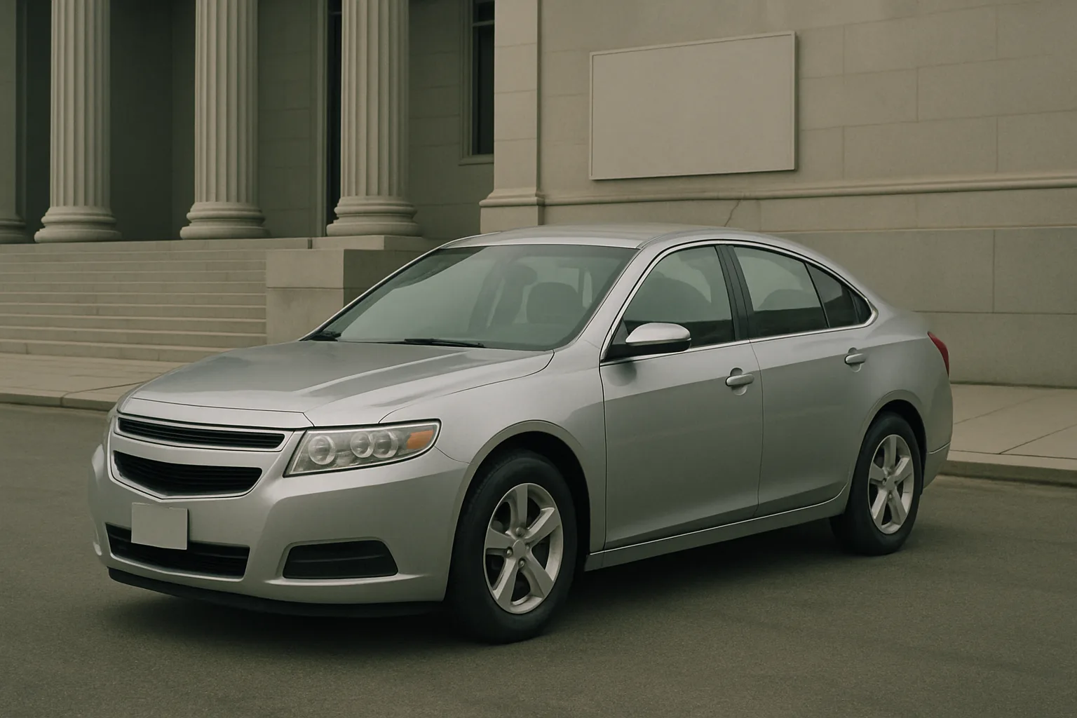 A silver sedan with tinted windows parked on a smooth gray street in front of a classical stone building with columns