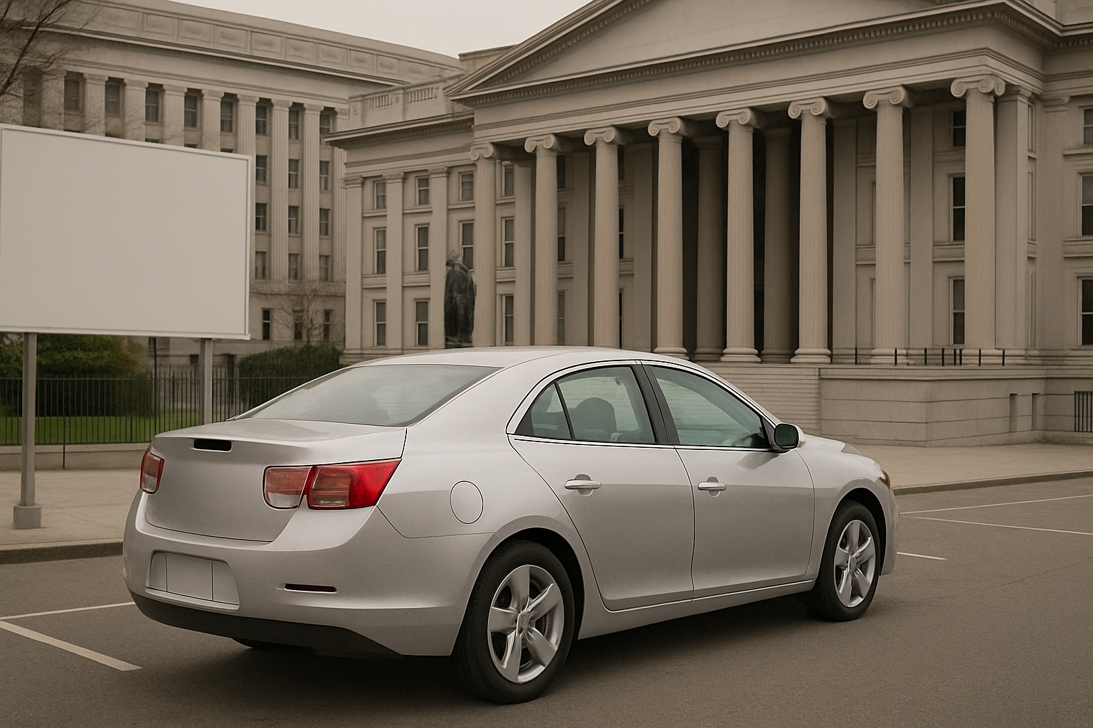 Silver sedan parked in front of a grand neoclassical building with large columns on an overcast day