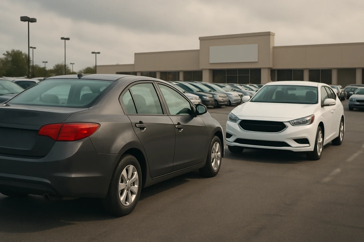 Rows of parked sedans in muted gray and white tones fill a car lot under a cloudy sky, with an empty building in the background