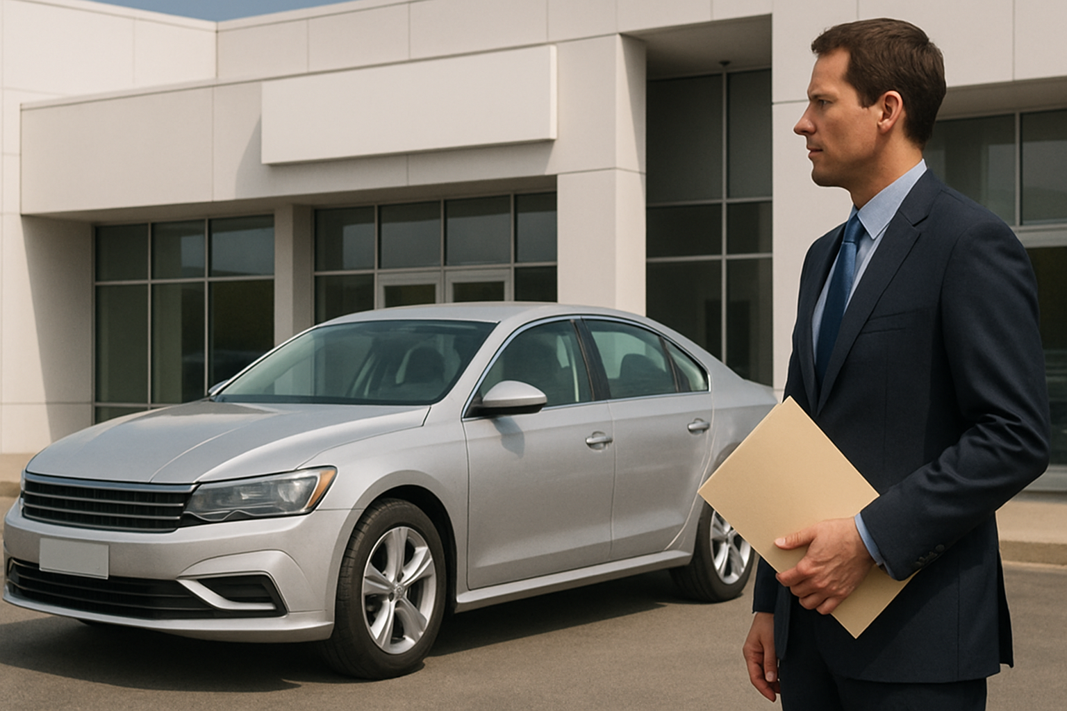 A man in a navy suit holding a file folder stands in front of a modern white building and a silver sedan under daylight