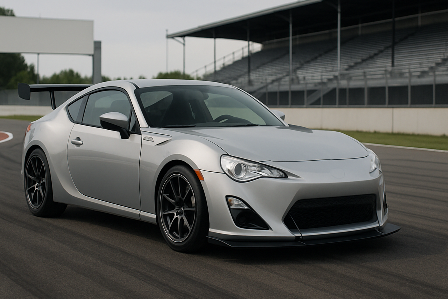 A sleek silver sports coupe with a large rear wing and black wheels parked on an empty racetrack under cloudy skies