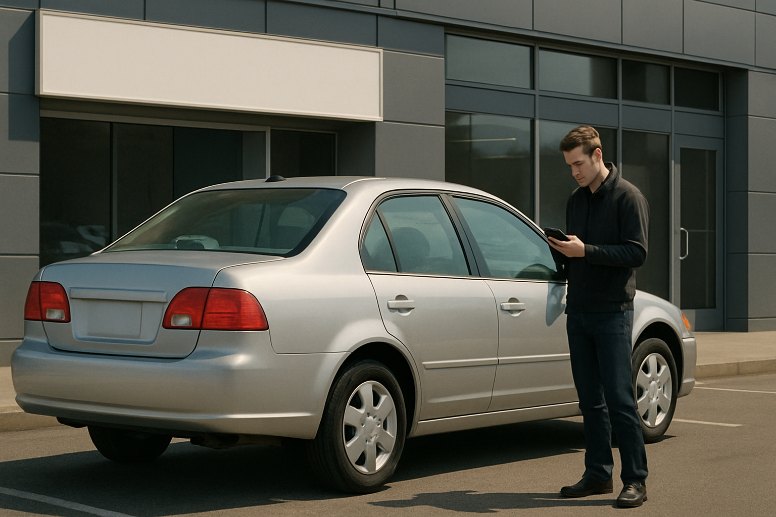 Man standing next to a silver sedan in a sunlit parking lot, looking at his smartphone in front of a modern building