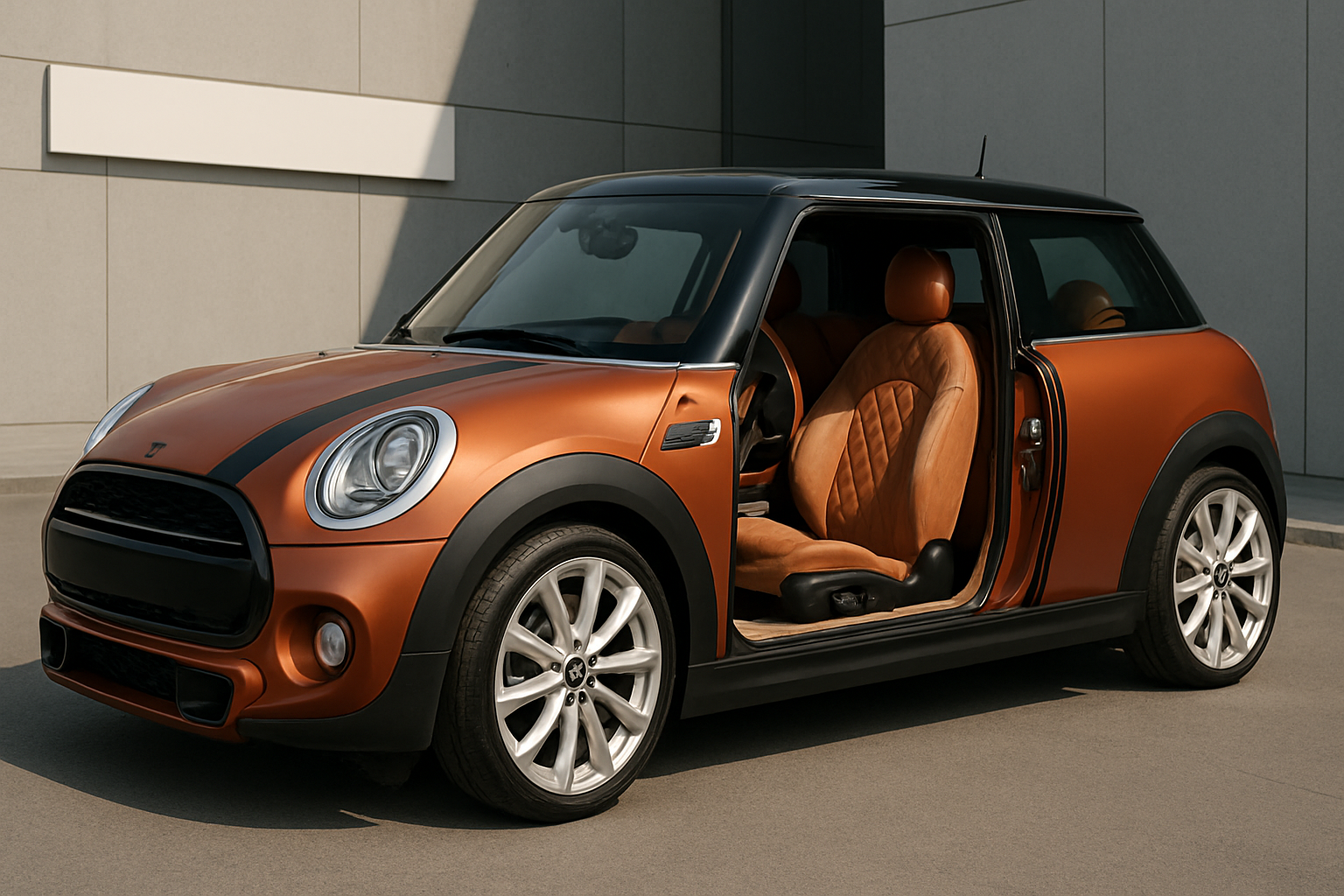 A compact hatchback with metallic copper bodywork, black roof, and tan quilted leather seats seen through an open door