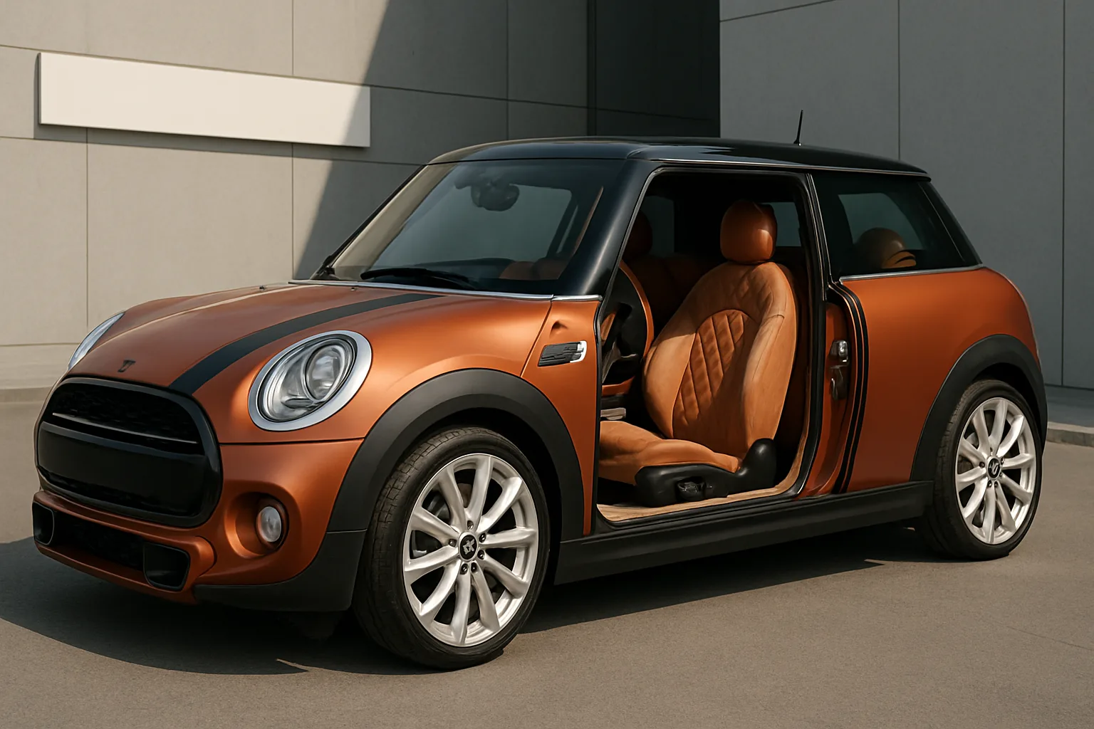 A compact hatchback with metallic copper bodywork, black roof, and tan quilted leather seats seen through an open door