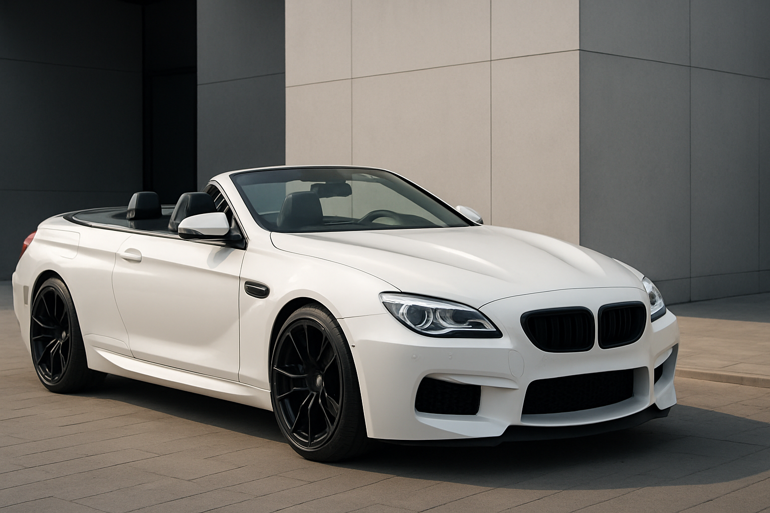 Matte white convertible with black wheels and trim, parked on smooth stone tiles beside minimalist grey concrete walls