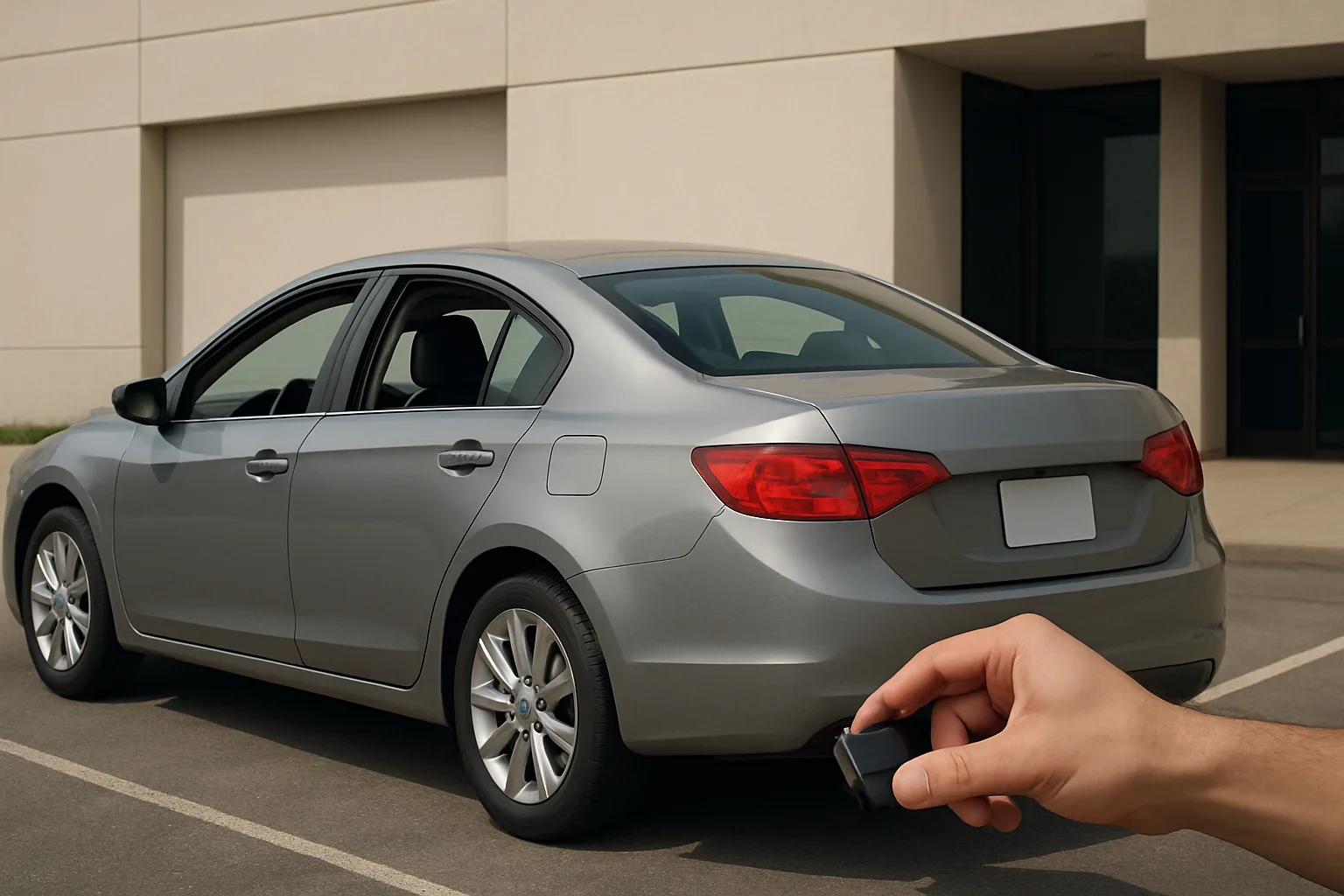A hand holding a small black device near a parked silver sedan in a sunlit concrete parking lot outside a beige building