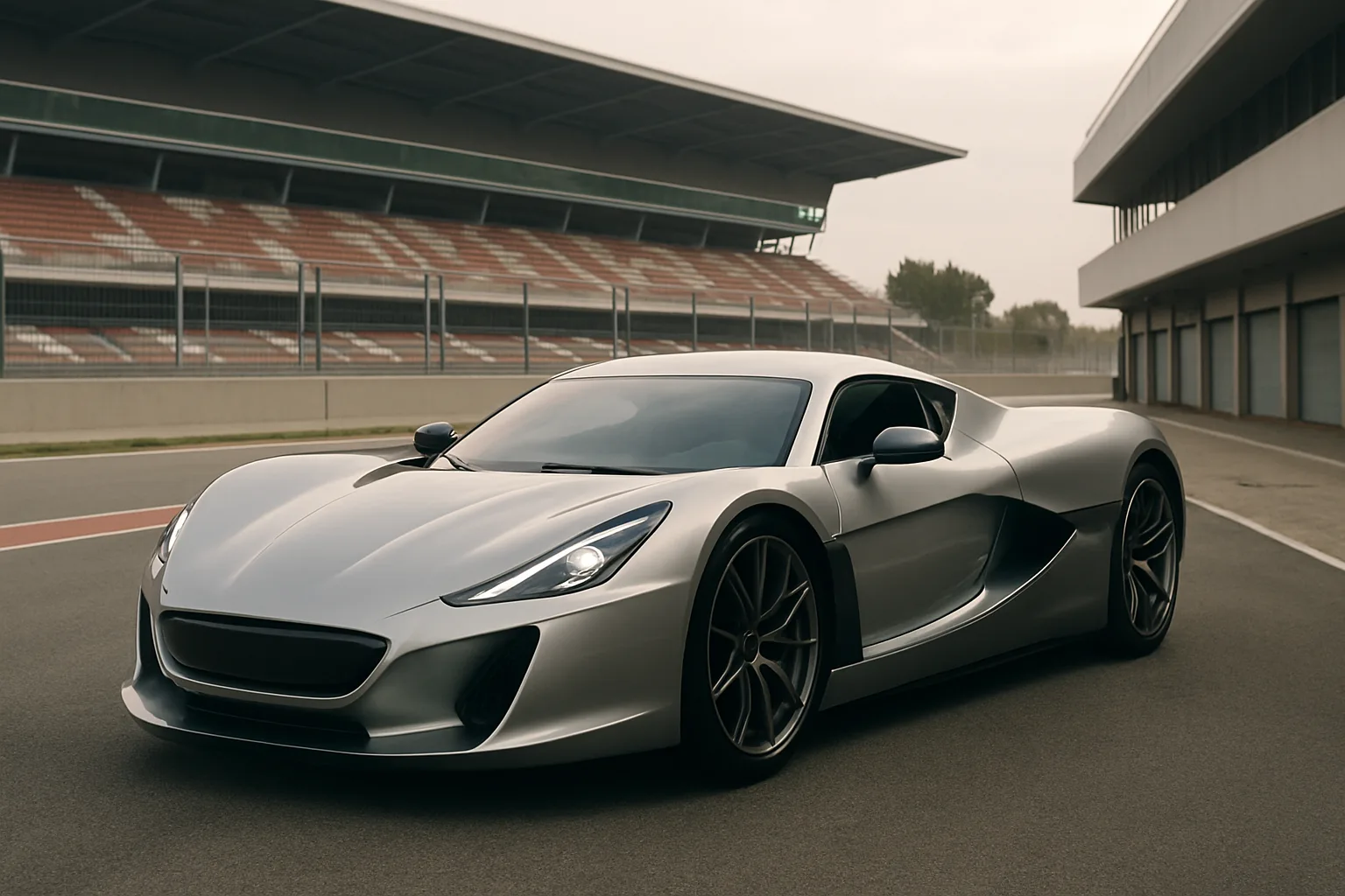 Sleek silver sports car with sculpted curves and dark windows parked on a racetrack beside empty grandstands