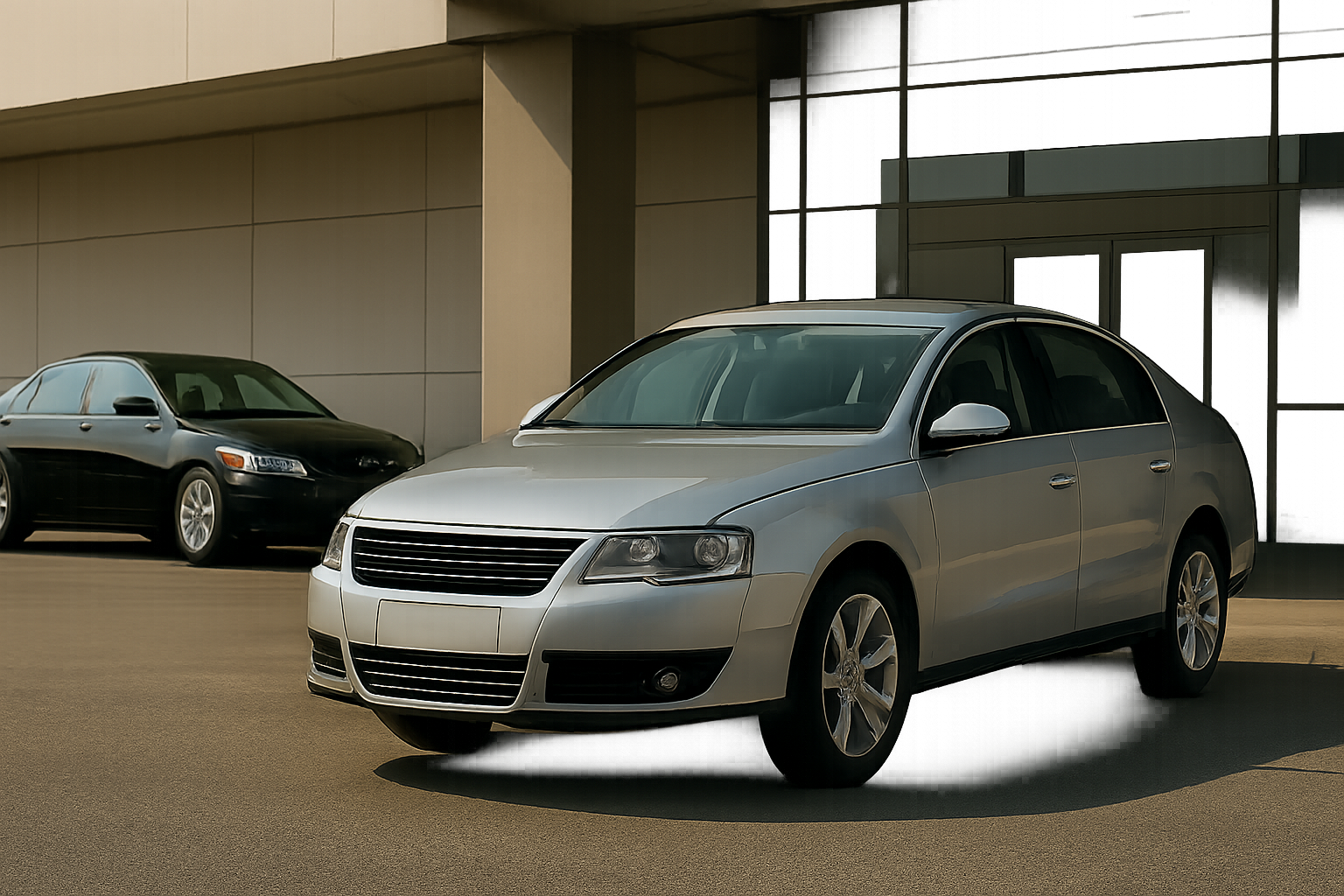 Two modern silver and black sedans parked outside a beige building, sunlight casting soft shadows on the smooth pavement