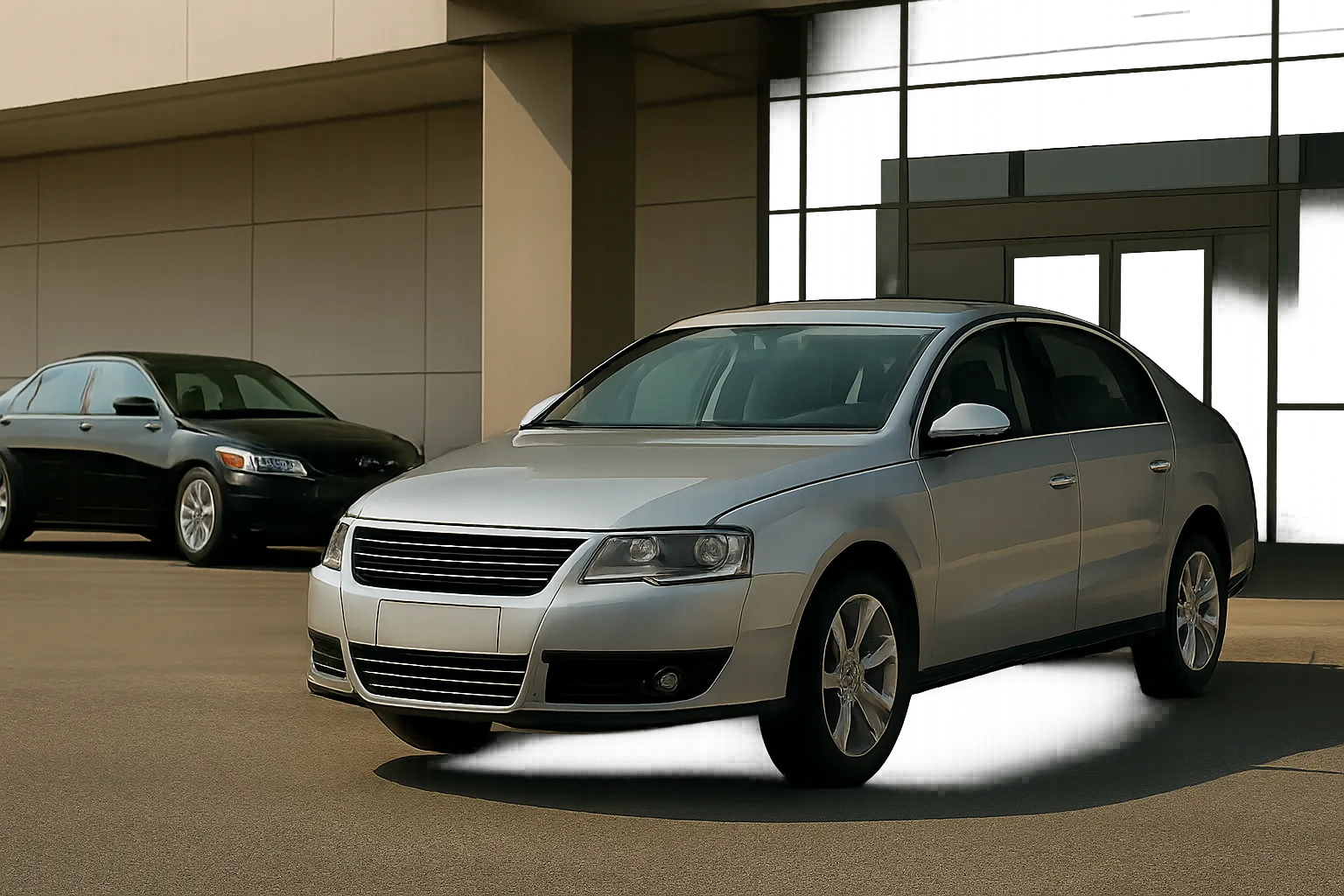 Two modern silver and black sedans parked outside a beige building, sunlight casting soft shadows on the smooth pavement