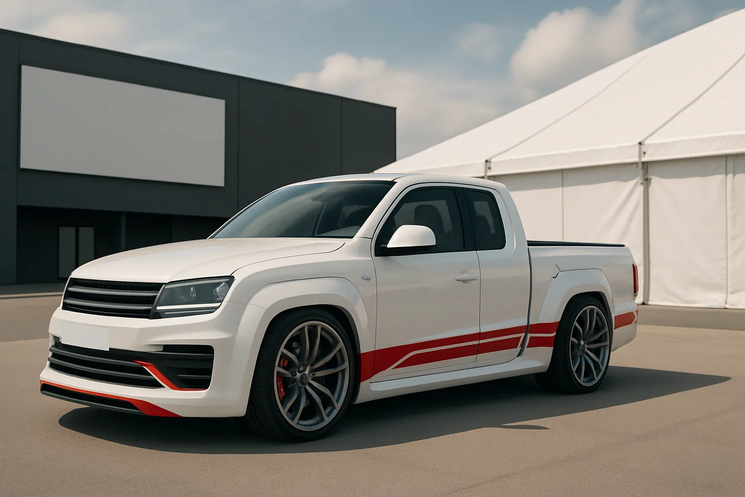 A white pickup truck with red graphic accents parked on a clean paved surface beside modern black and white buildings under a blue sky