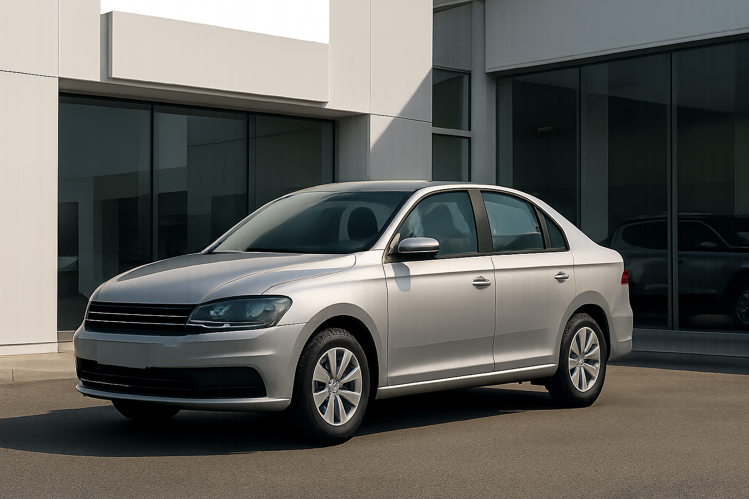 A silver compact sedan with simple lines is parked outside a modern white building in bright daylight