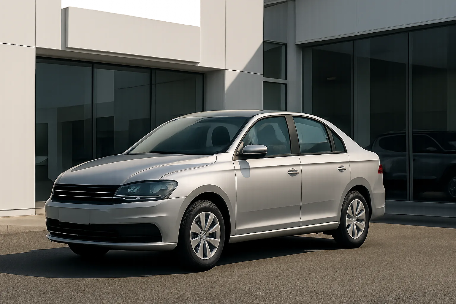 A silver compact sedan with simple lines is parked outside a modern white building in bright daylight