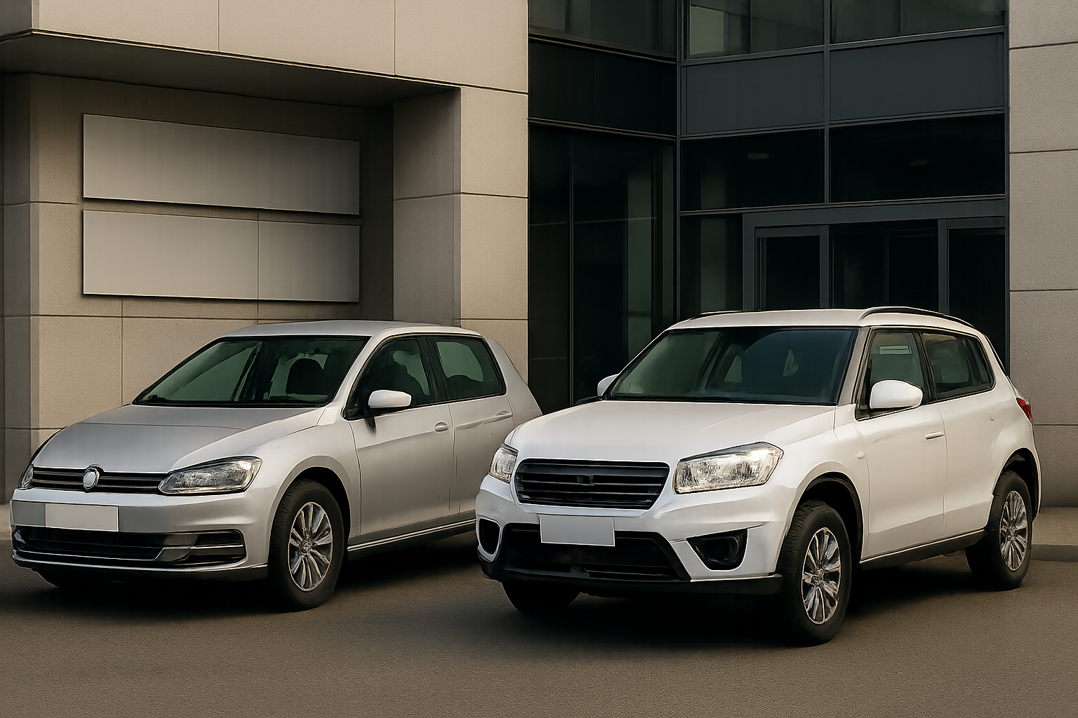 Two modern white cars parked side by side in front of a glass and concrete office building in soft, neutral daylight