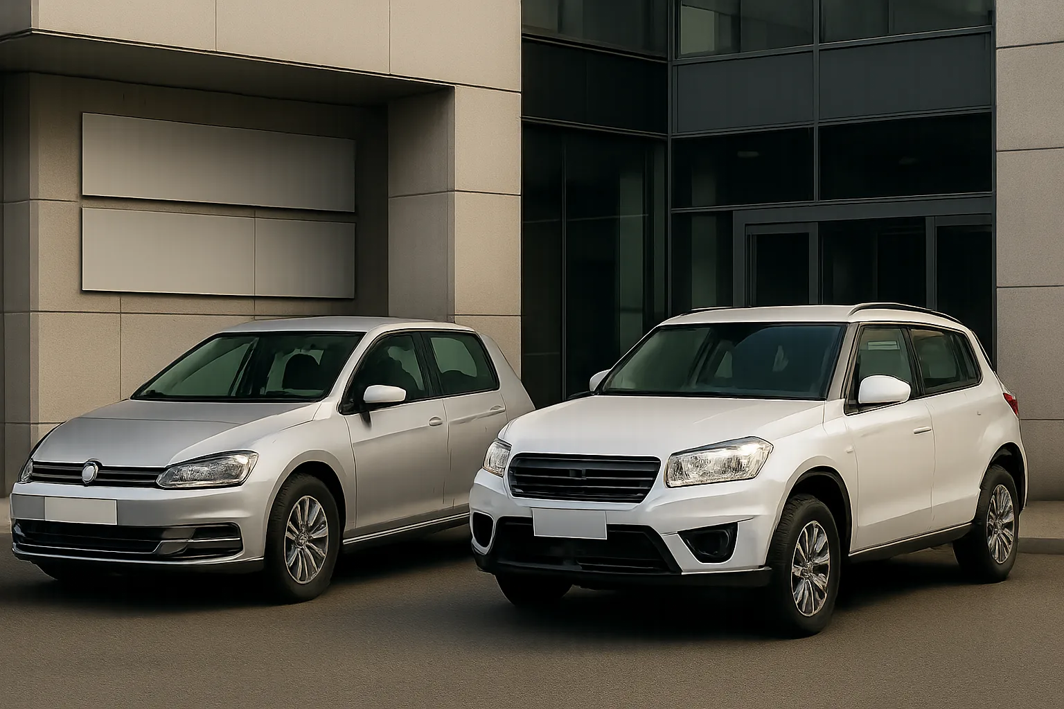 Two modern white cars parked side by side in front of a glass and concrete office building in soft, neutral daylight
