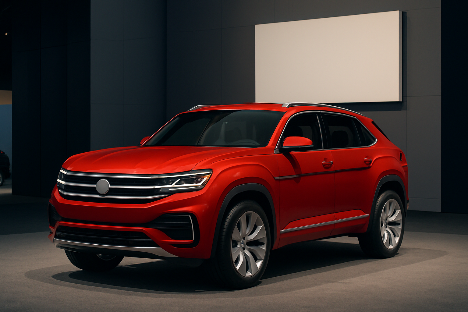 A bright red SUV with a sleek, sculpted body and metallic trim displayed under soft, directional lighting in a showroom