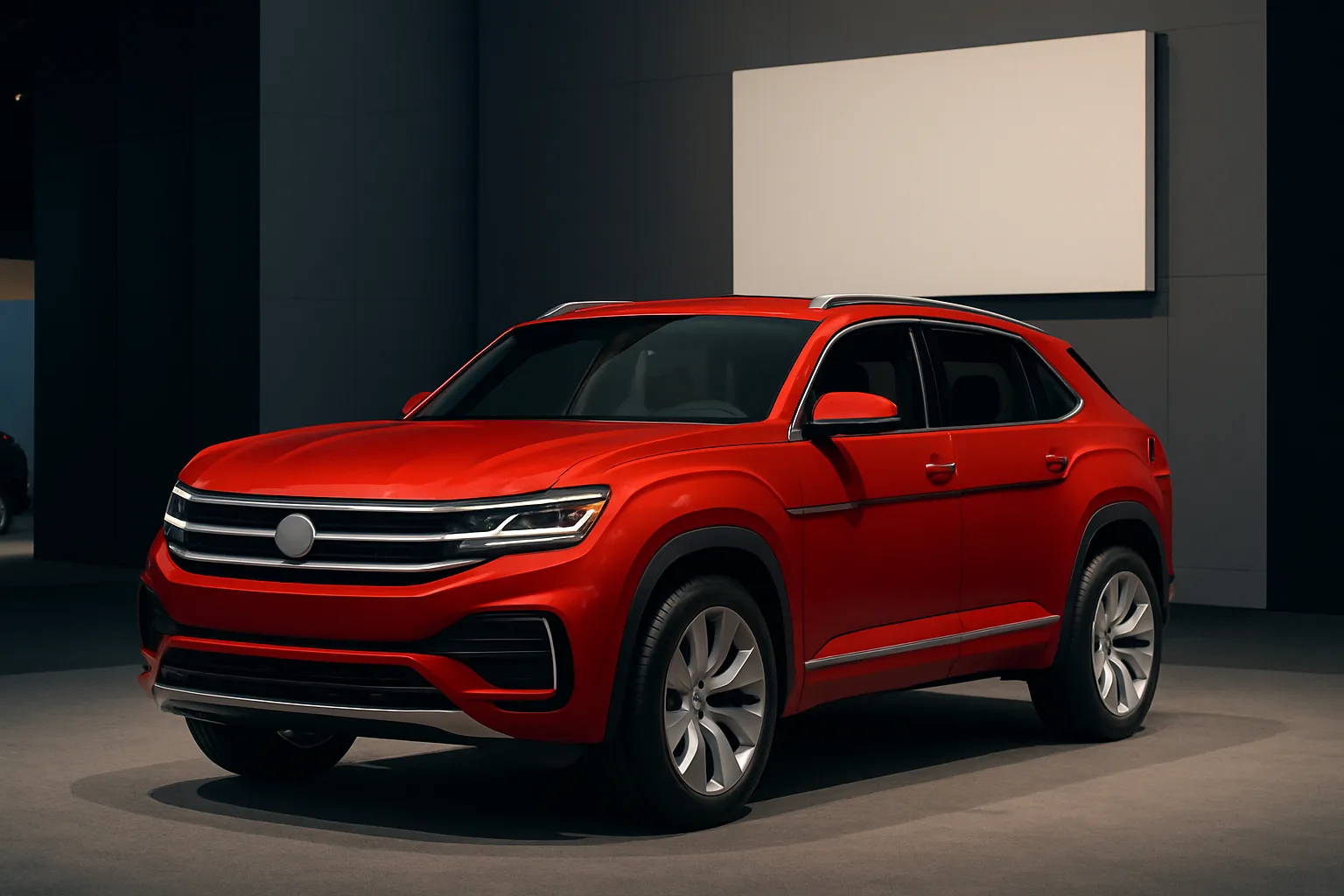 A bright red SUV with a sleek, sculpted body and metallic trim displayed under soft, directional lighting in a showroom