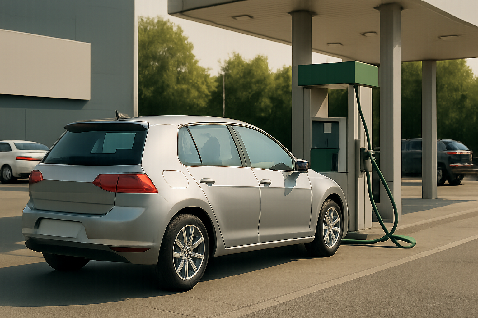 Silver hatchback car refueling at a green gas pump under a large canopy with trees and other cars in the background
