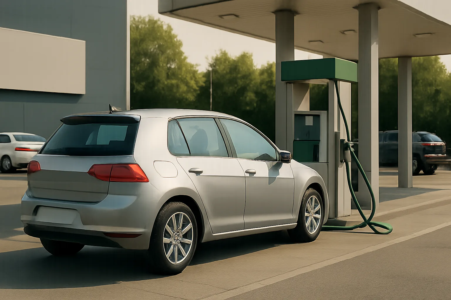 Silver hatchback car refueling at a green gas pump under a large canopy with trees and other cars in the background