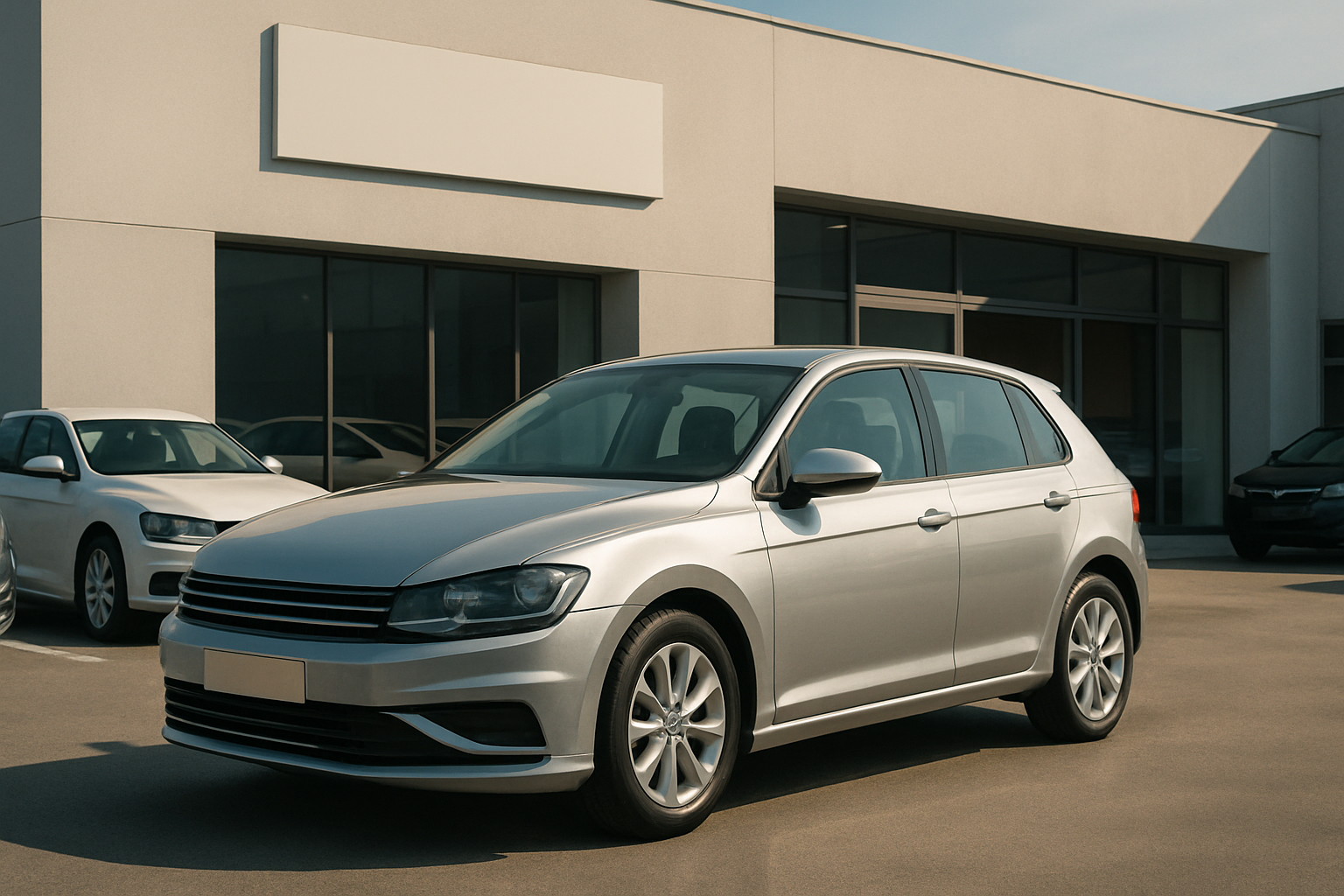 A silver hatchback parked in front of a modern, sunlit dealership building with blank signs and large glass windows