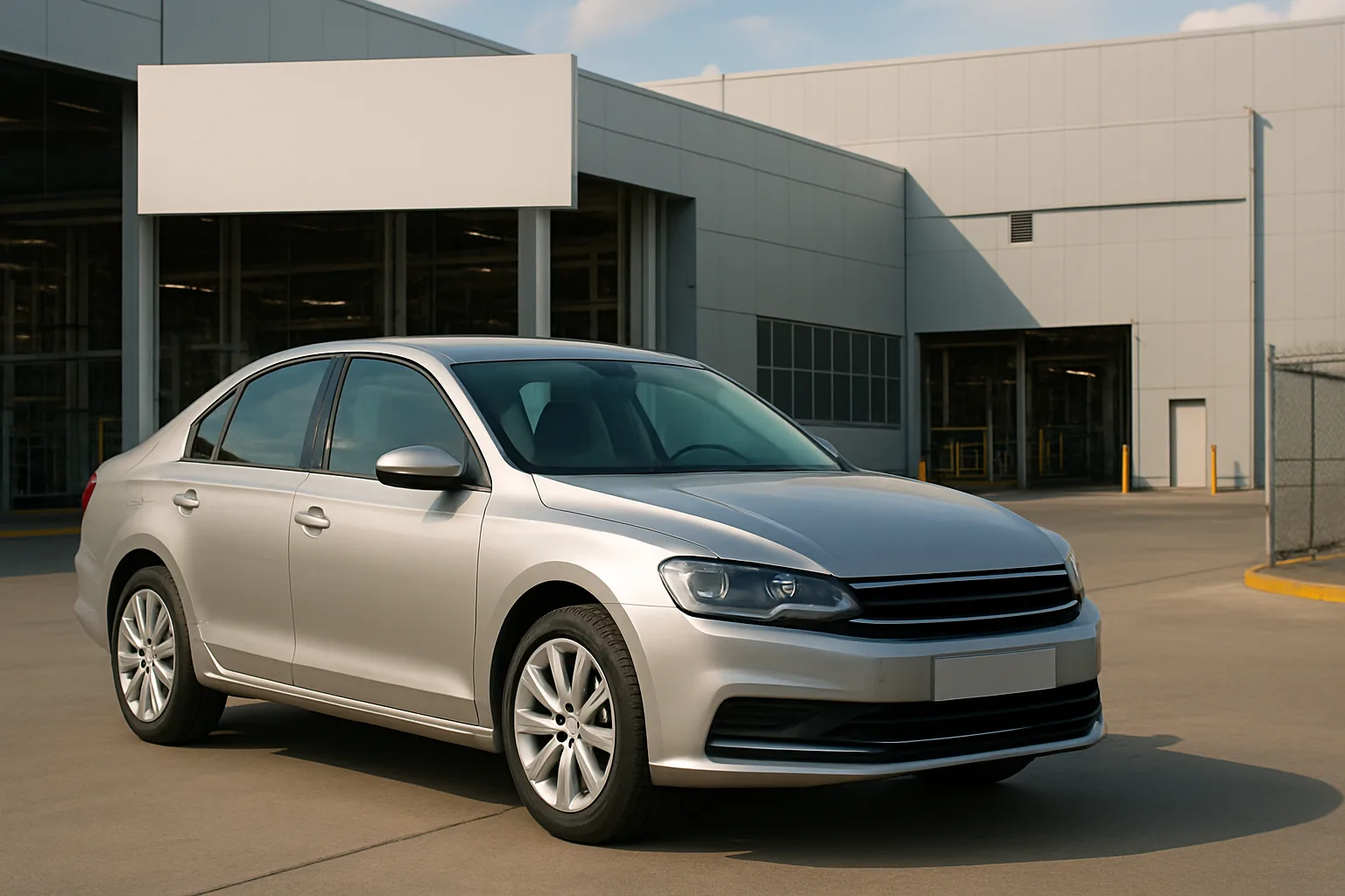 Silver sedan parked on smooth concrete outside a large modern industrial building with white and gray metal panels