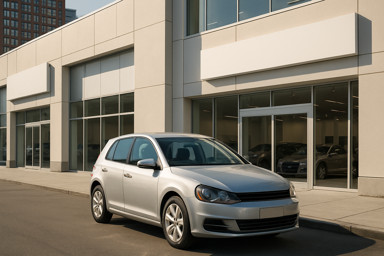 A silver hatchback parked in front of a modern beige dealership building with large glass windows and blank white signage