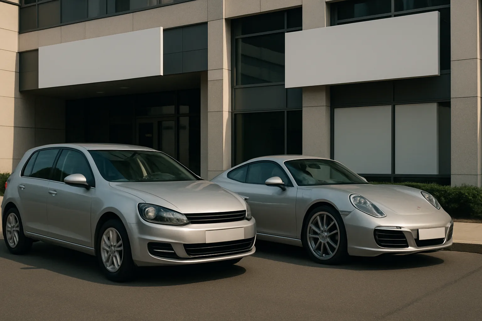 Two silver cars parked side by side in front of a modern building with blank white signs and large windows
