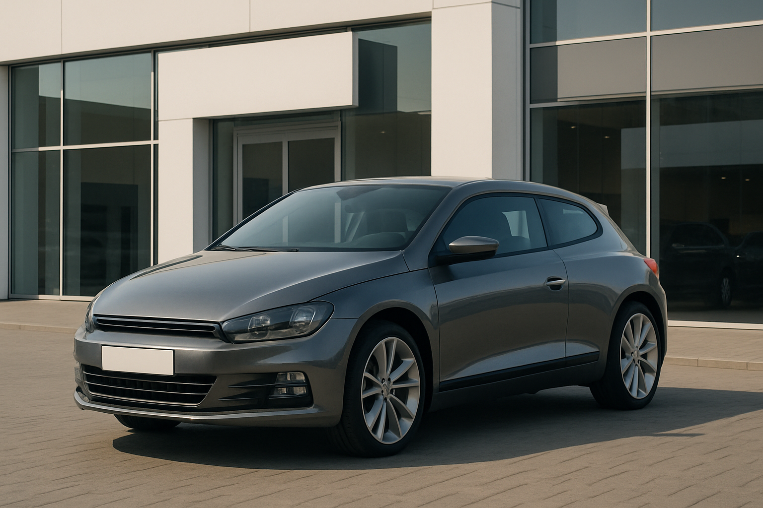 A sleek, metallic grey hatchback with tinted windows is parked on sunlit paving in front of a modern glass building