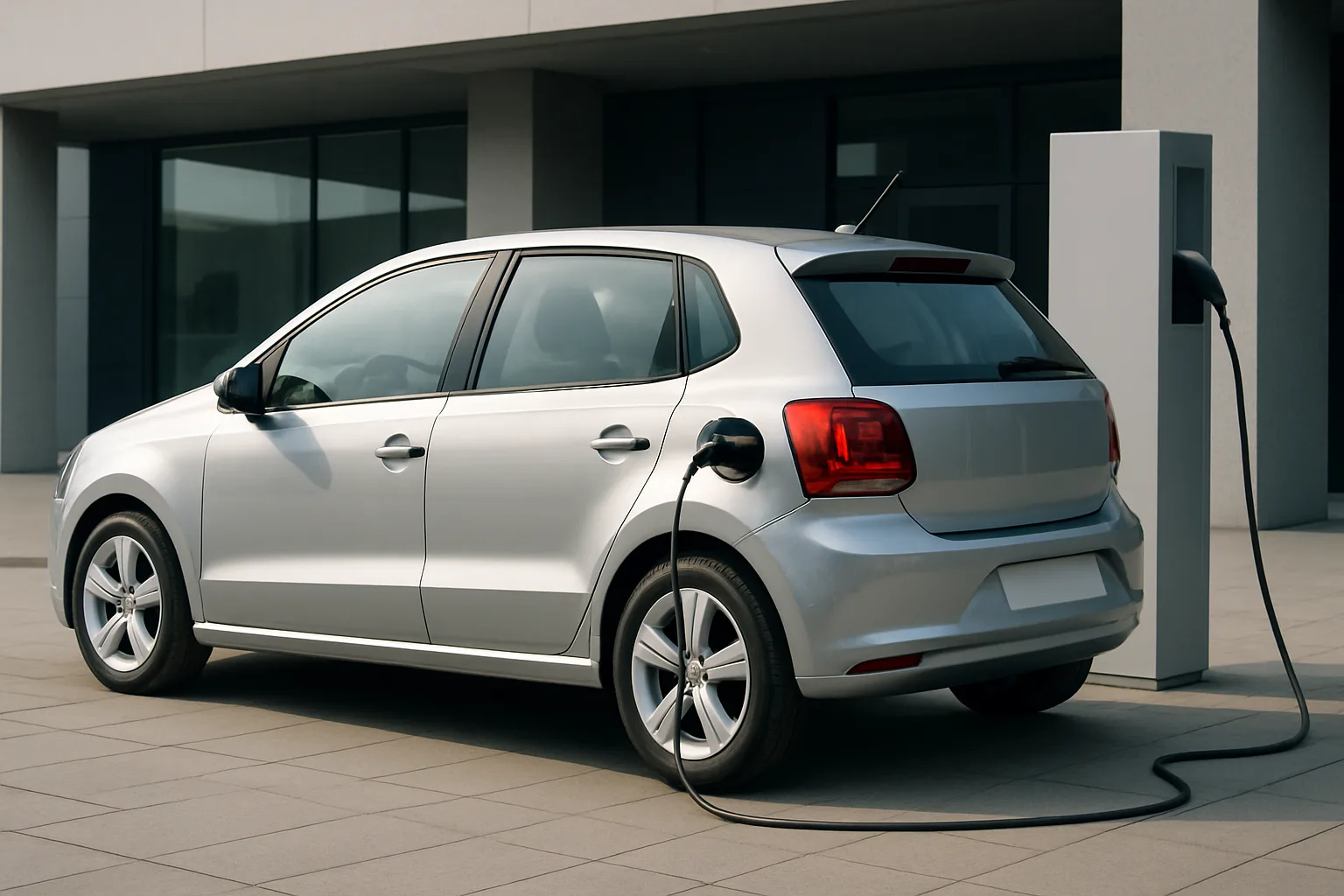Compact silver hatchback parked on pale paving outside a modern building, plugged into a slim charging station