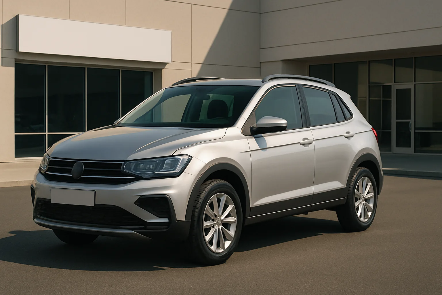 Silver compact crossover with dark trim parked on smooth asphalt in front of a modern beige building with large windows