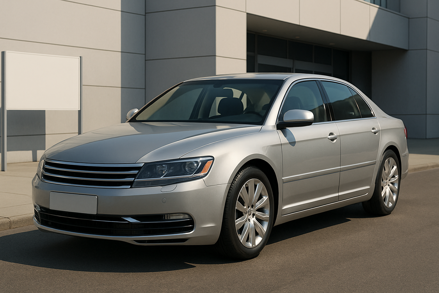 Sleek silver sedan with chrome grille and alloy wheels parked on a sunlit street beside a modern concrete building