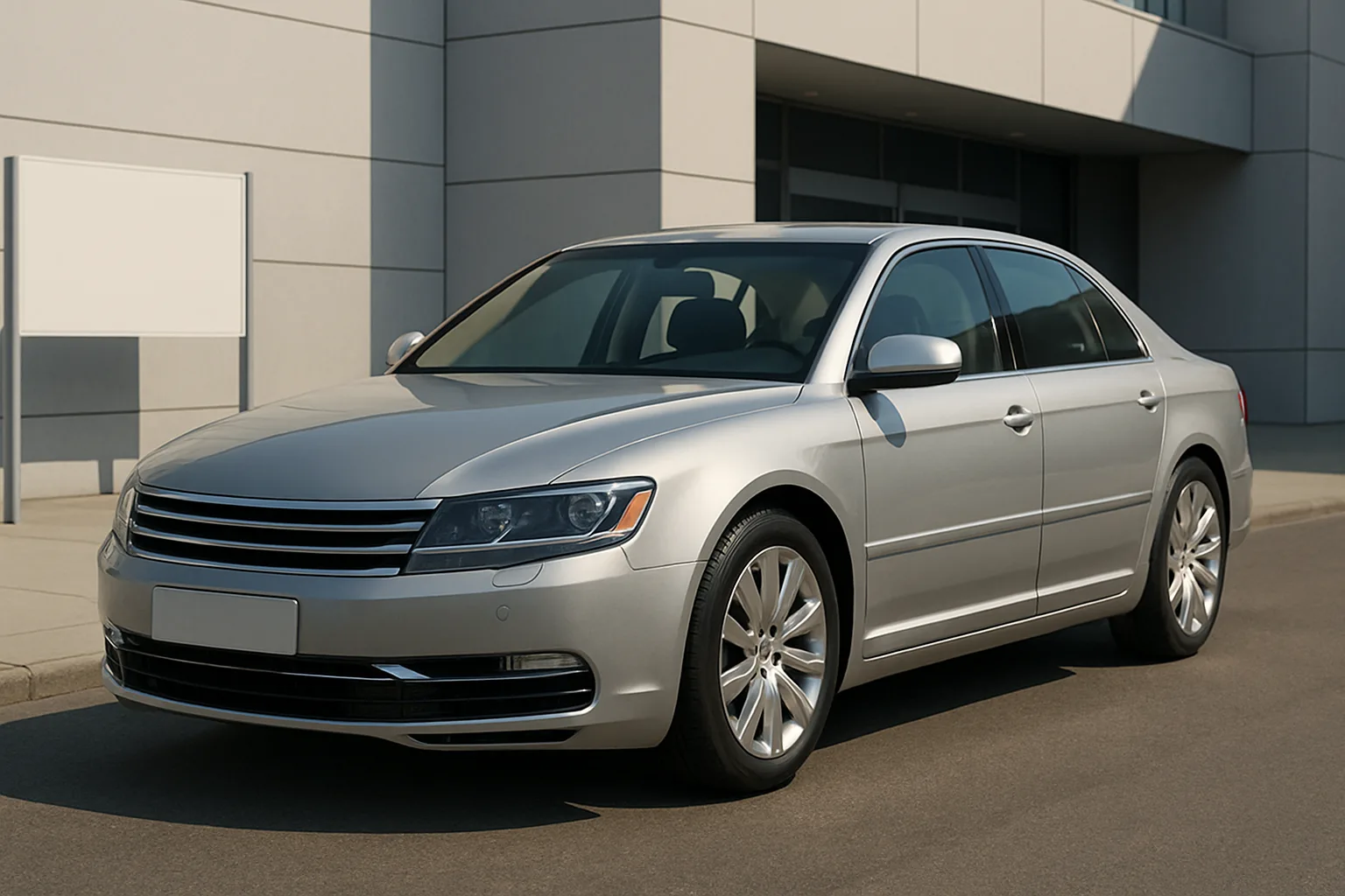 Sleek silver sedan with chrome grille and alloy wheels parked on a sunlit street beside a modern concrete building