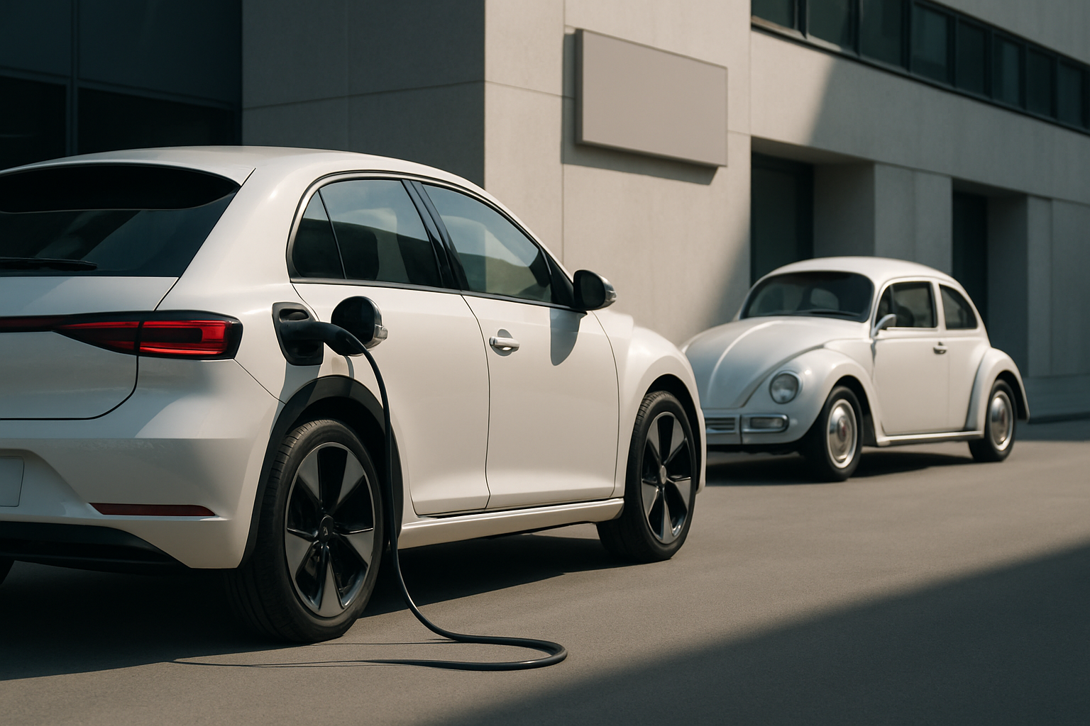 Two white cars parked outside a modern building, one charging at an electric station, sunlight casting soft shadows