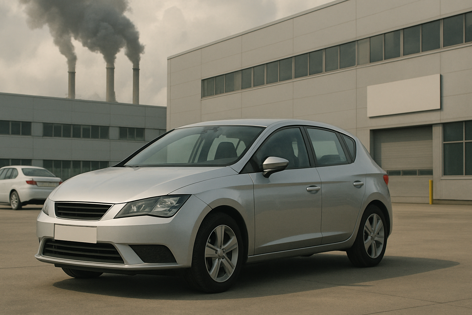 Silver hatchback parked on an empty concrete lot in front of modern industrial buildings with smoke rising from chimneys