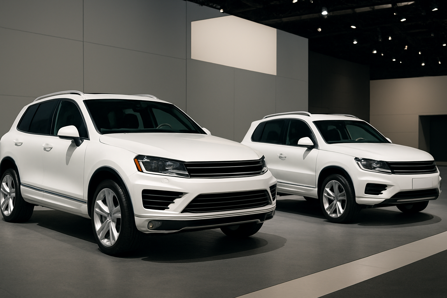 Two white SUVs with silver trim and large alloy wheels displayed under bright lights in a modern exhibition space