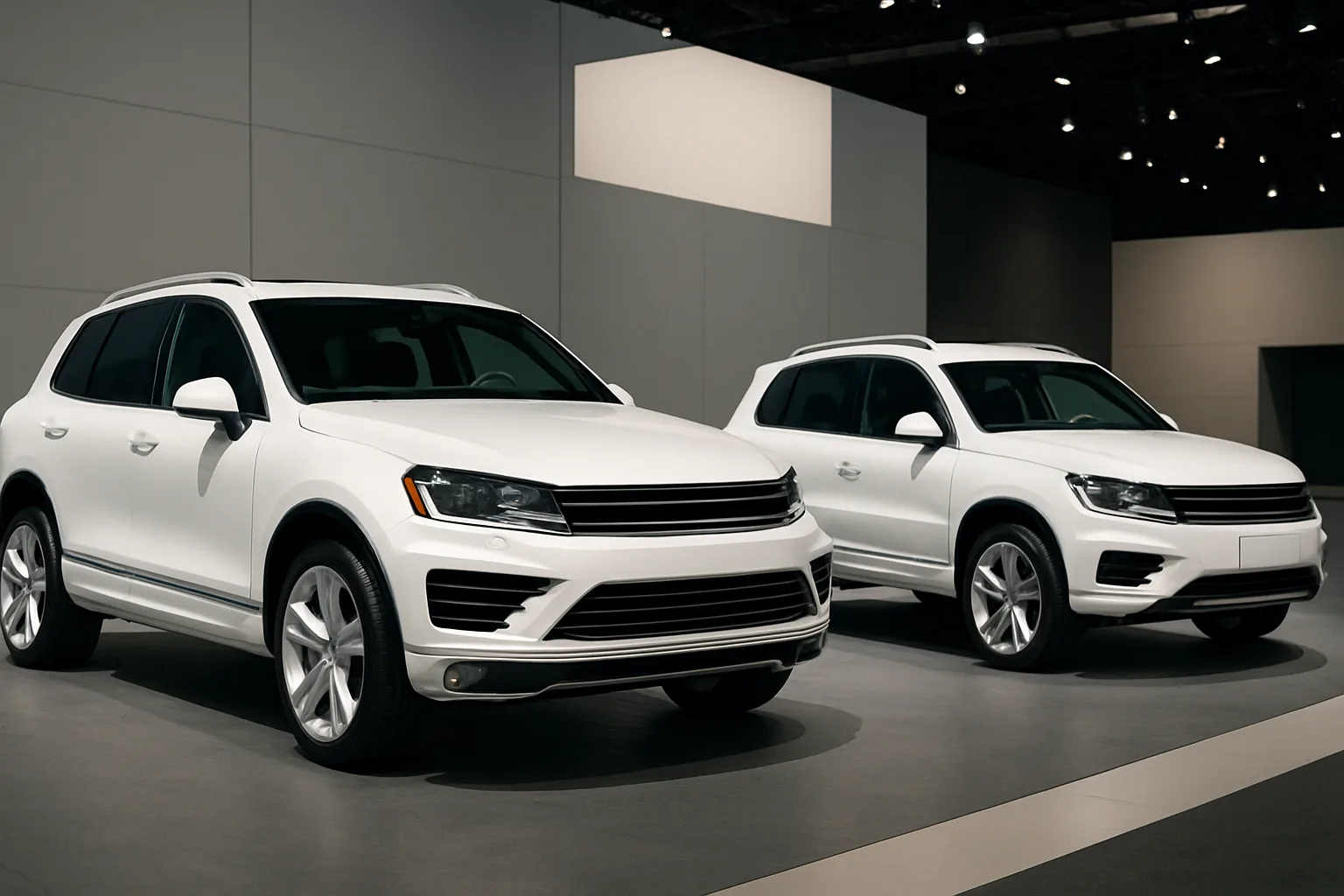 Two white SUVs with silver trim and large alloy wheels displayed under bright lights in a modern exhibition space