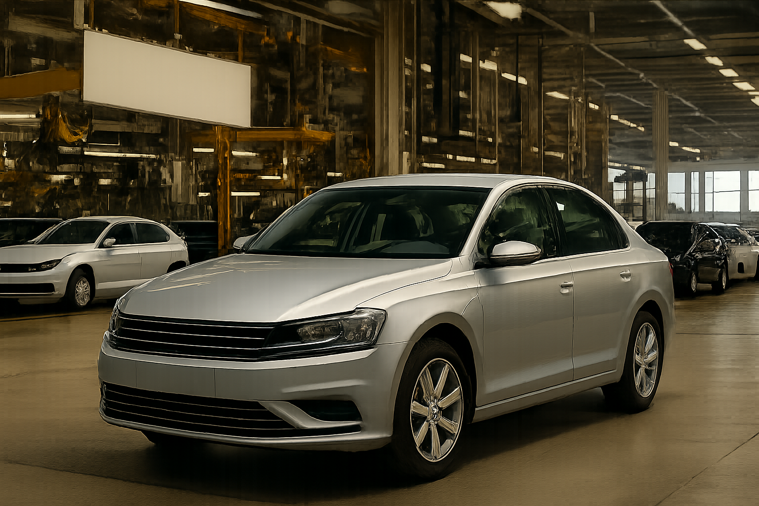 Silver sedan parked in a spacious, well-lit automotive factory with reflective surfaces and industrial details in the background