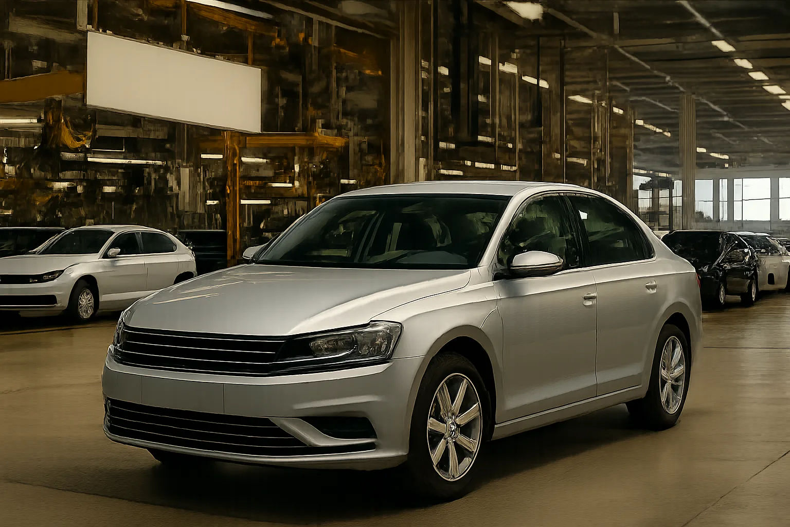 Silver sedan parked in a spacious, well-lit automotive factory with reflective surfaces and industrial details in the background