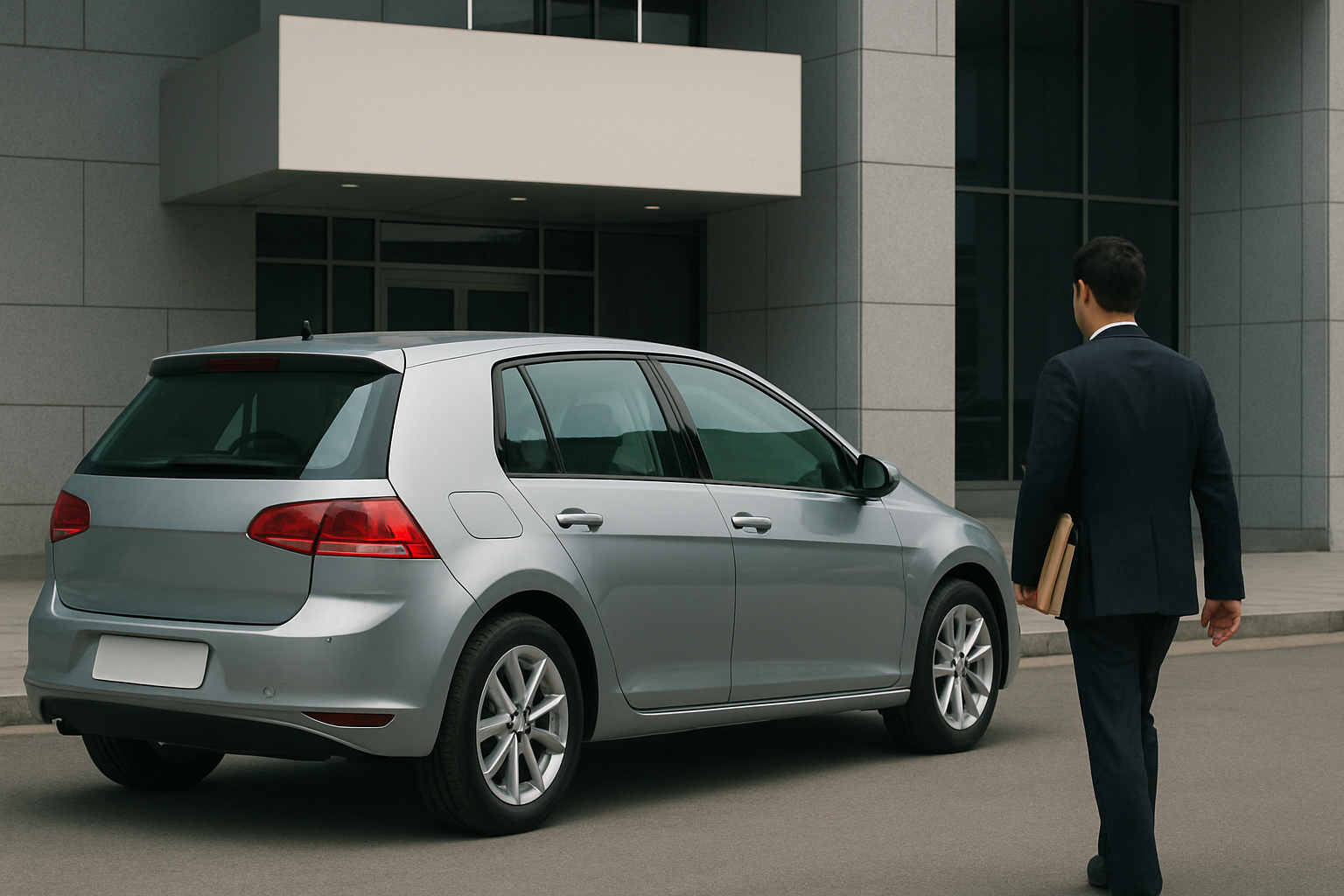 A man in a dark suit carrying a folder walks toward a silver hatchback parked outside a modern grey building