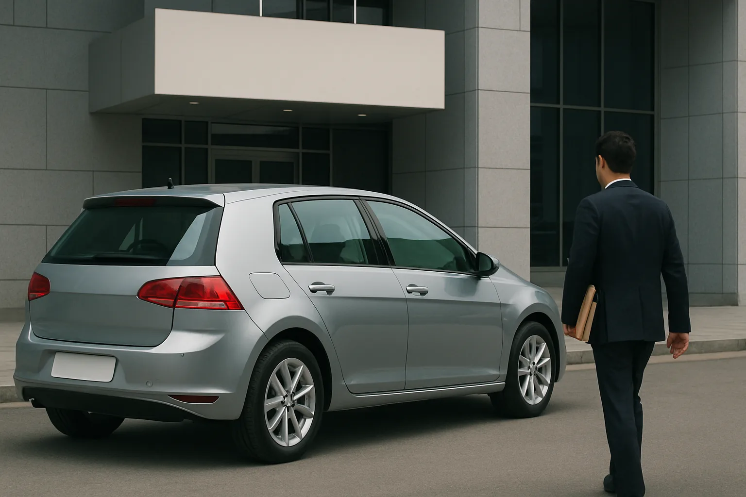 A man in a dark suit carrying a folder walks toward a silver hatchback parked outside a modern grey building