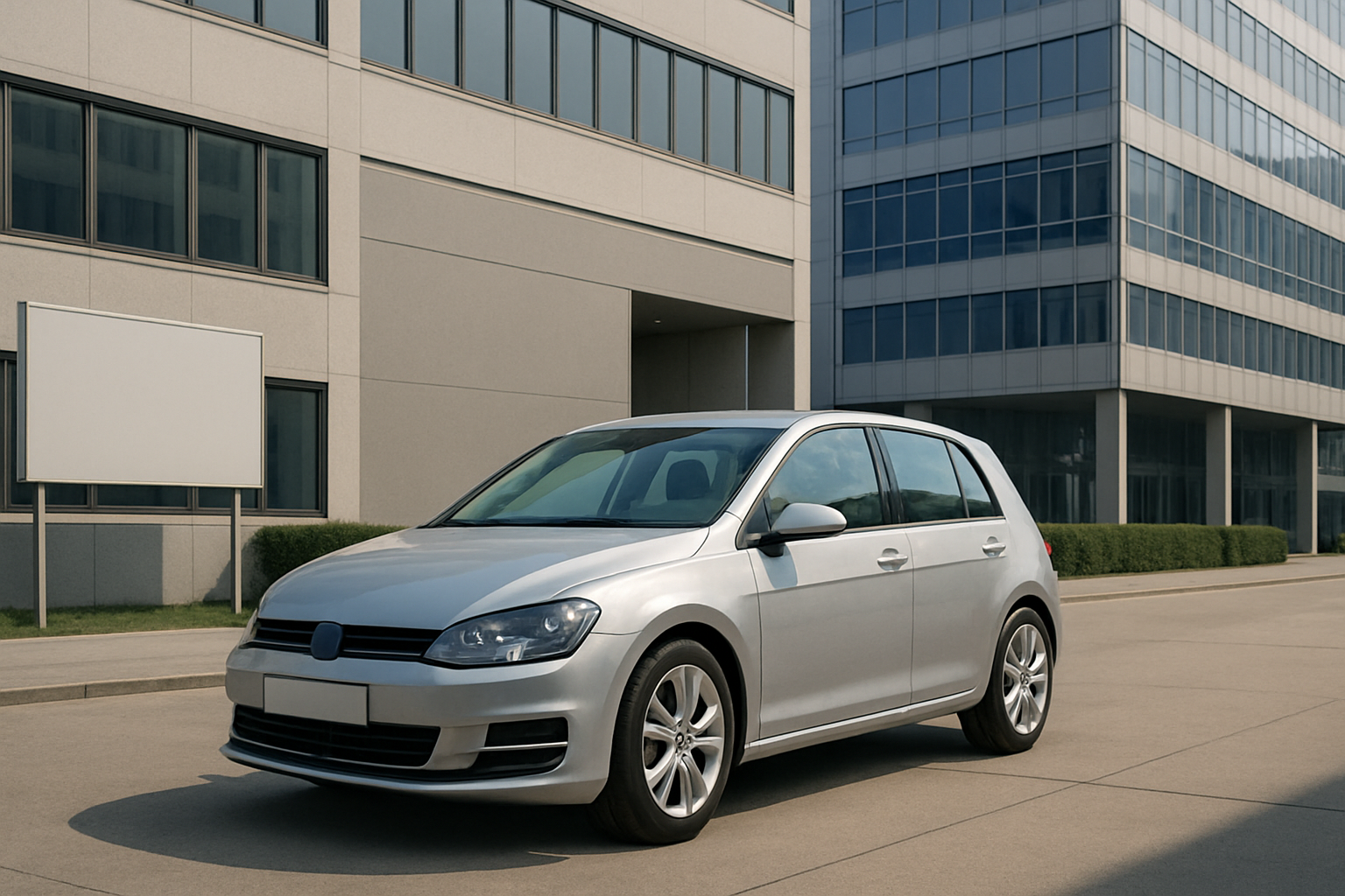 A silver hatchback parked on an empty street in front of a modern glass and concrete office building in daylight