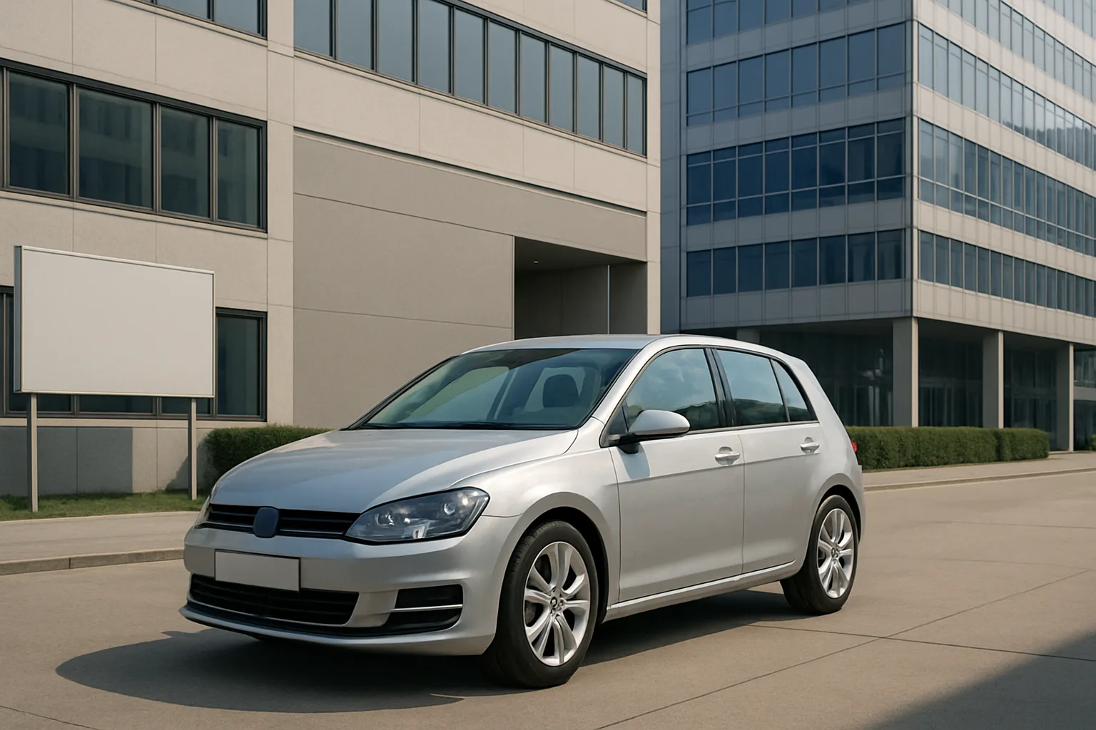 A silver hatchback parked on an empty street in front of a modern glass and concrete office building in daylight