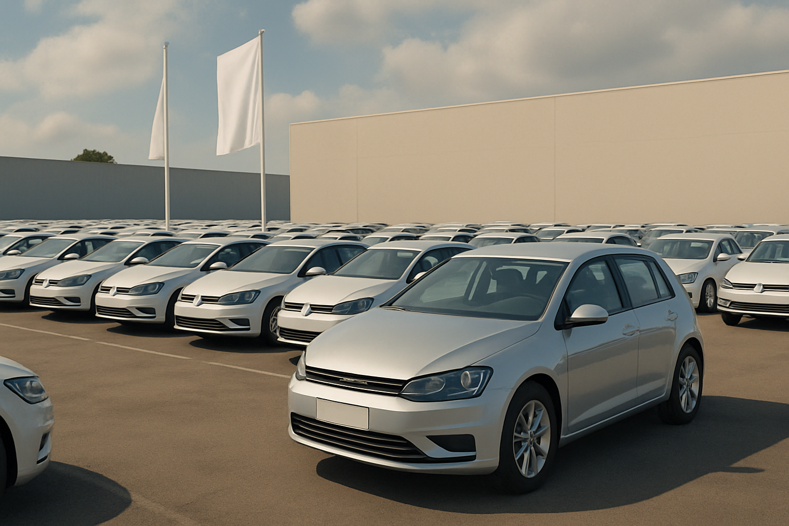 Rows of identical silver hatchback cars parked on a sunlit lot with two blank white flags and a plain building in the background
