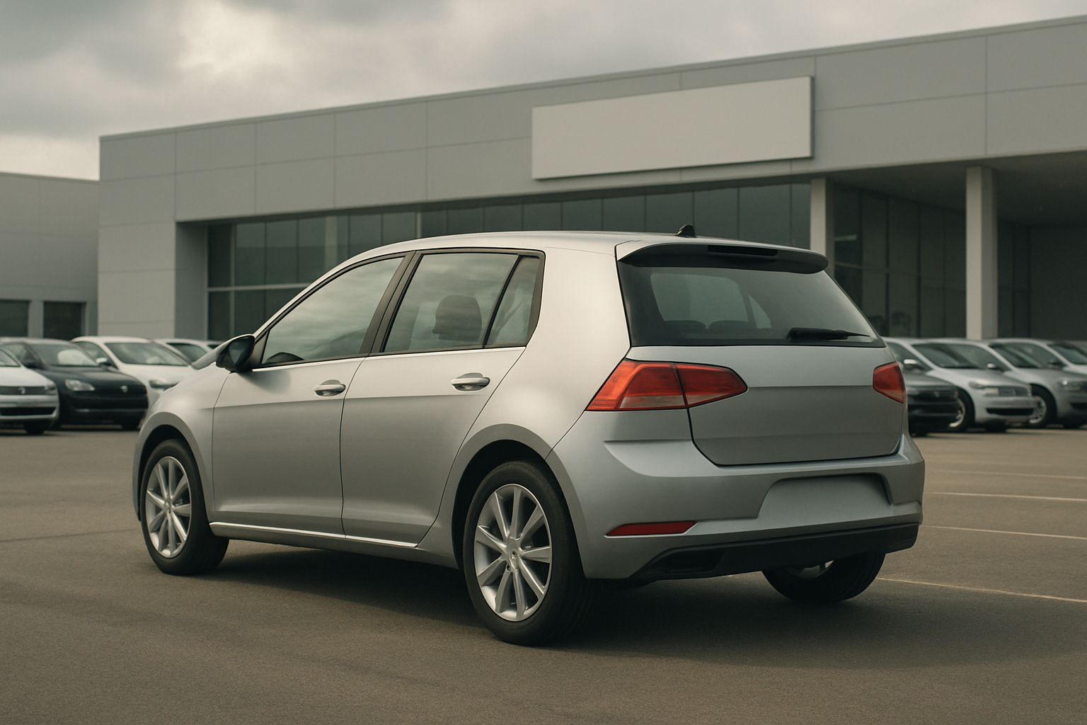 Silvery hatchback parked in an empty lot with rows of cars and a blank white building under an overcast sky
