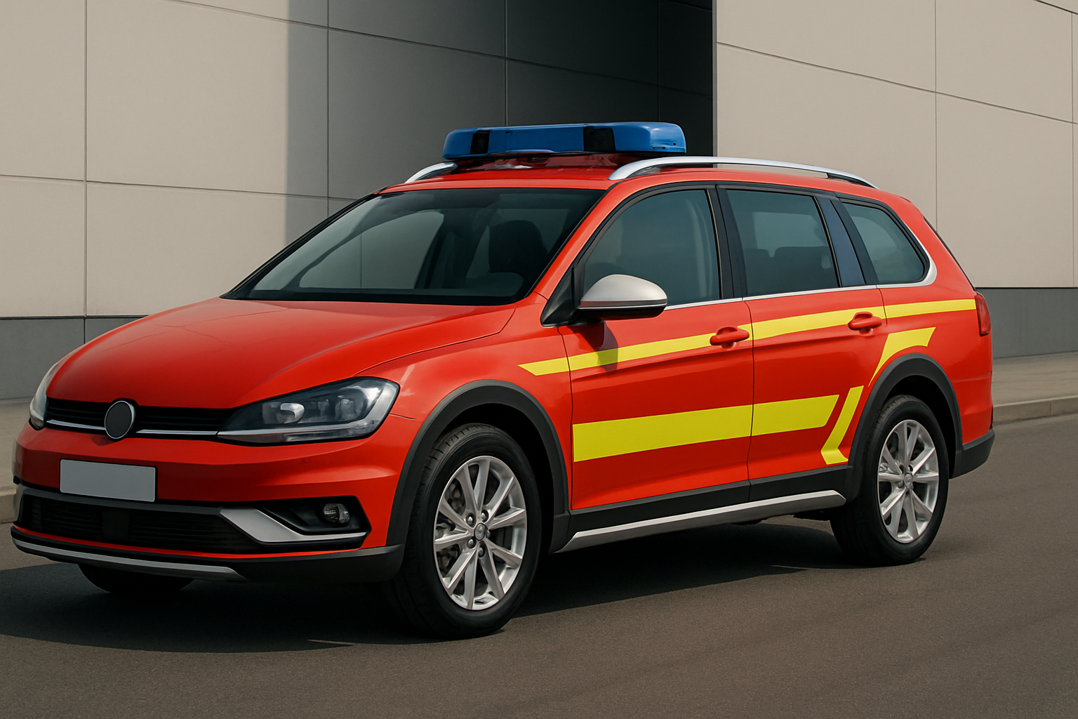 Red estate car with yellow stripes and a blue light bar parked on a street beside a plain white building