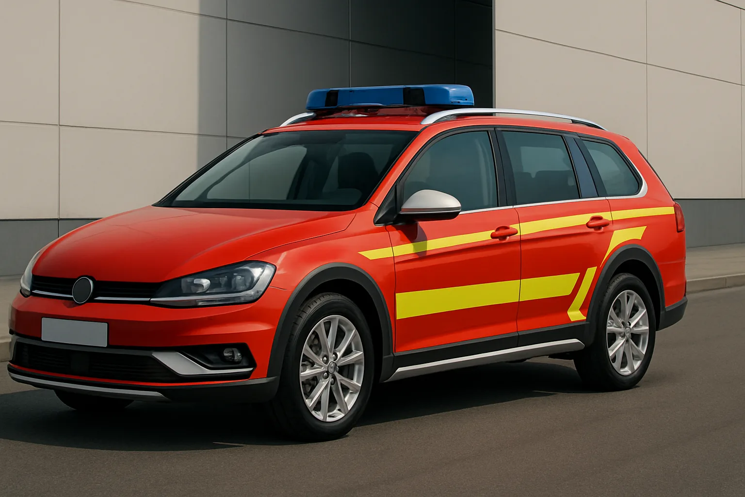 Red estate car with yellow stripes and a blue light bar parked on a street beside a plain white building